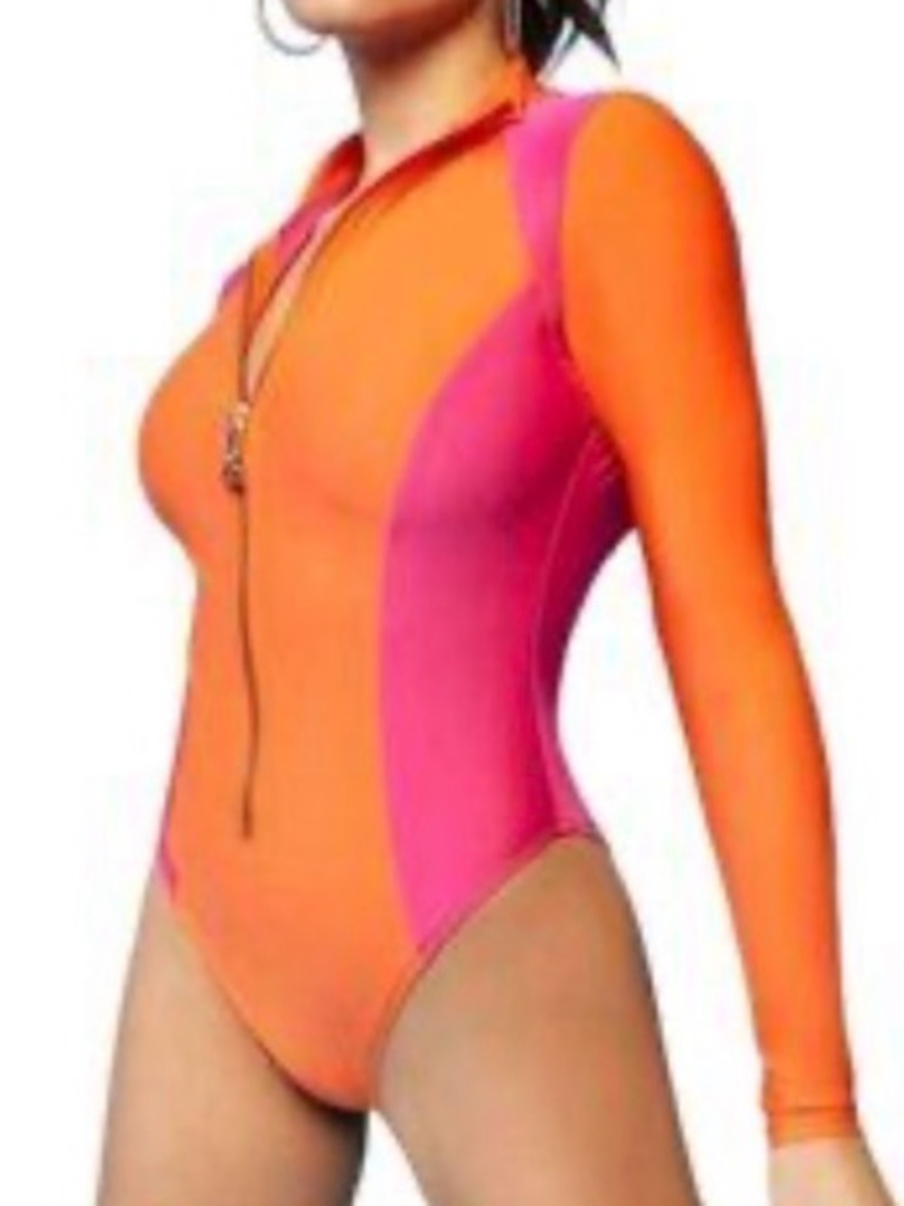 sports Illustrated Swim  Colorblock Long-Sleeve Swimsuit - Orange & Pink-S